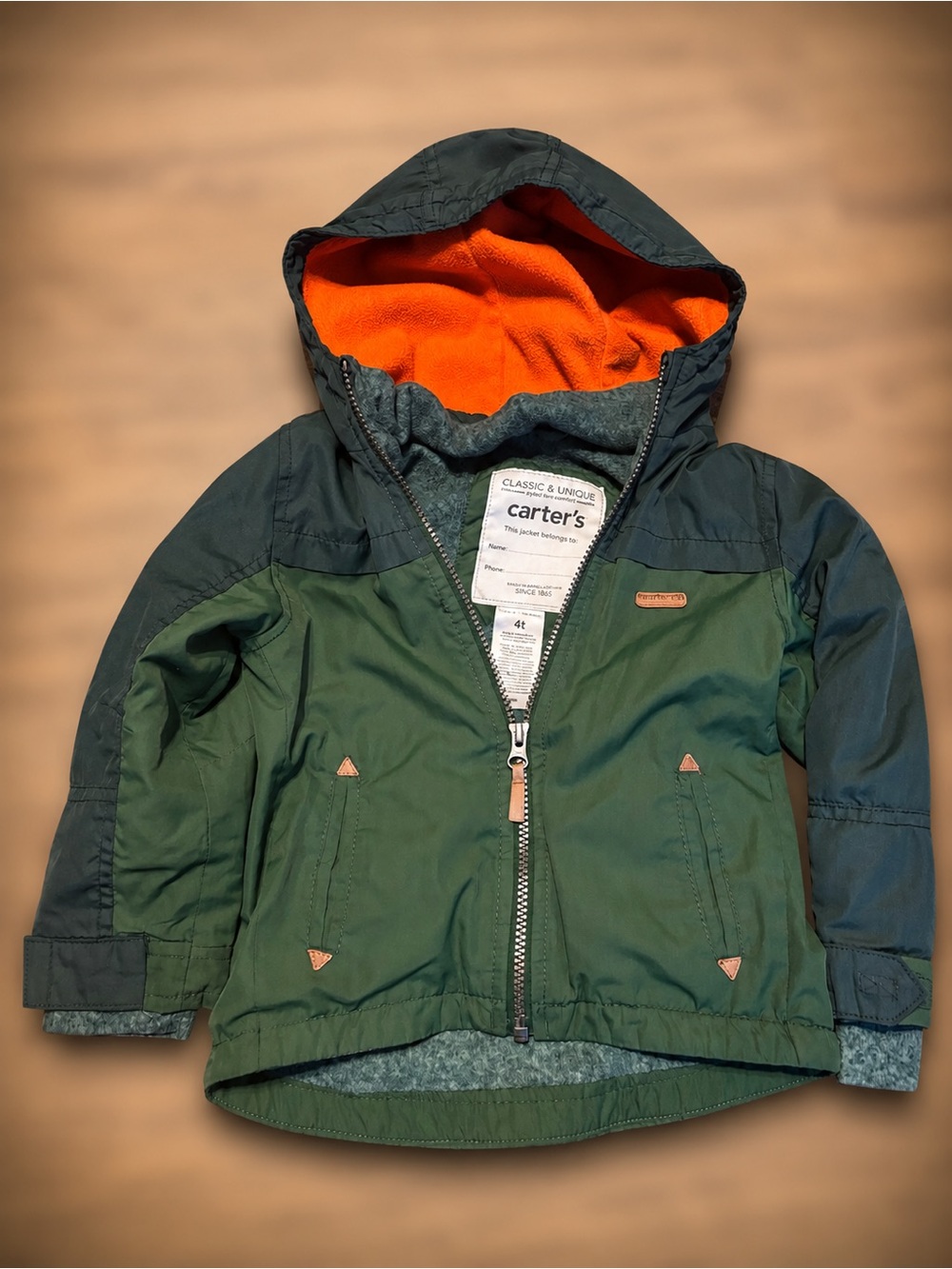 Carter's Dark Green Hooded Puffer Jacket with Bright Orange Lining